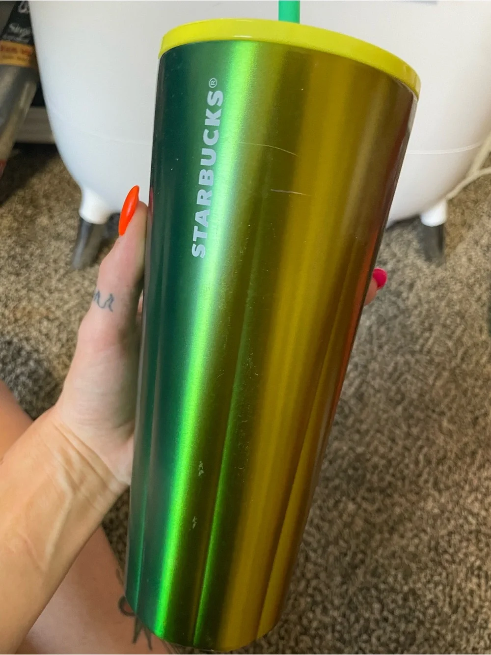 Starbucks Iridescent Green-Gold Travel Tumbler with Yellow Lid
